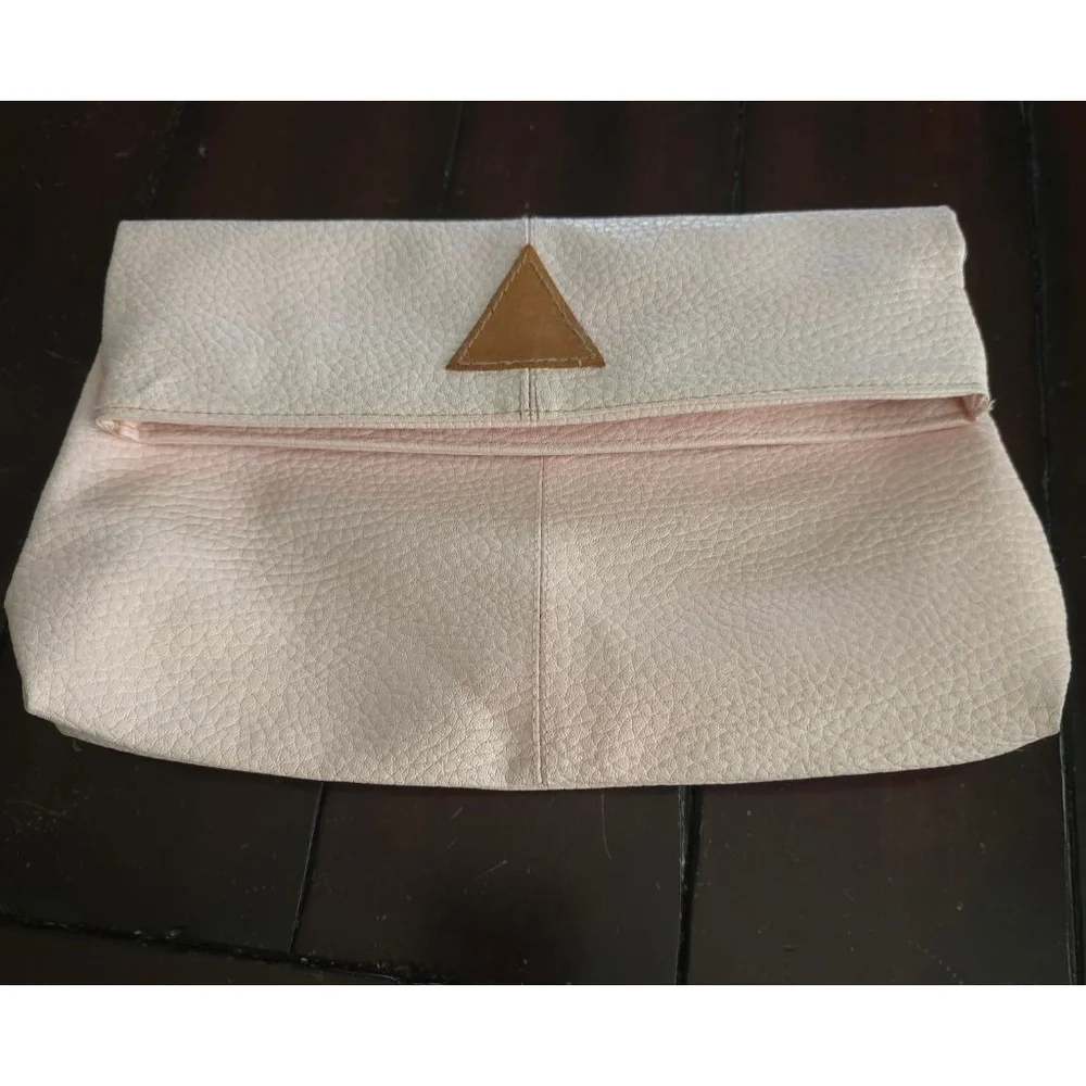 Women's Pastel Pink Pebble Faux Leather Foldover Clutch Brown Geo Accent Summer